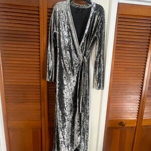 BCBGMaxAzria Silver Velvet Wrap Maxi Dress